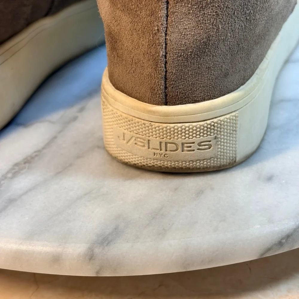 J Slides NYC Winnie Taupe Suede Fur Lined Wedge Heel Boots Women‎ Size 8M Winter